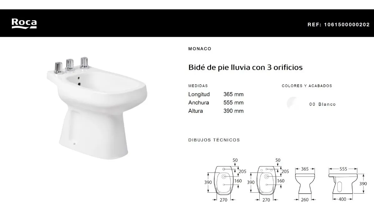 Bidet 3 Agujeros Roca Monaco Blanco - Image 2