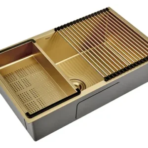 Combo Cocina Peirano Bacha Acero Dorada Griferia Fabric Gold