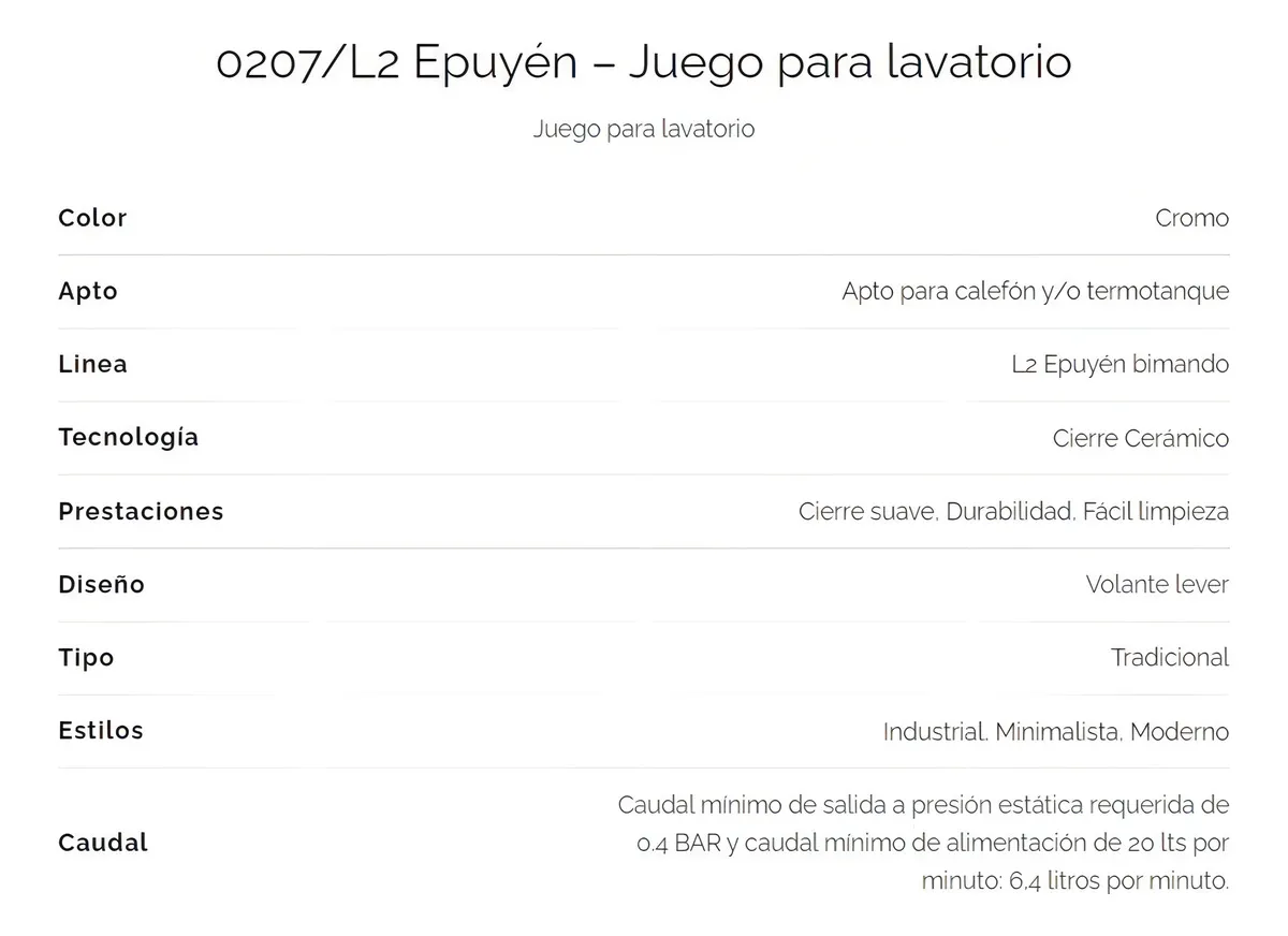Griferia Lavatorio Fv Epuyen cromo 207/l2