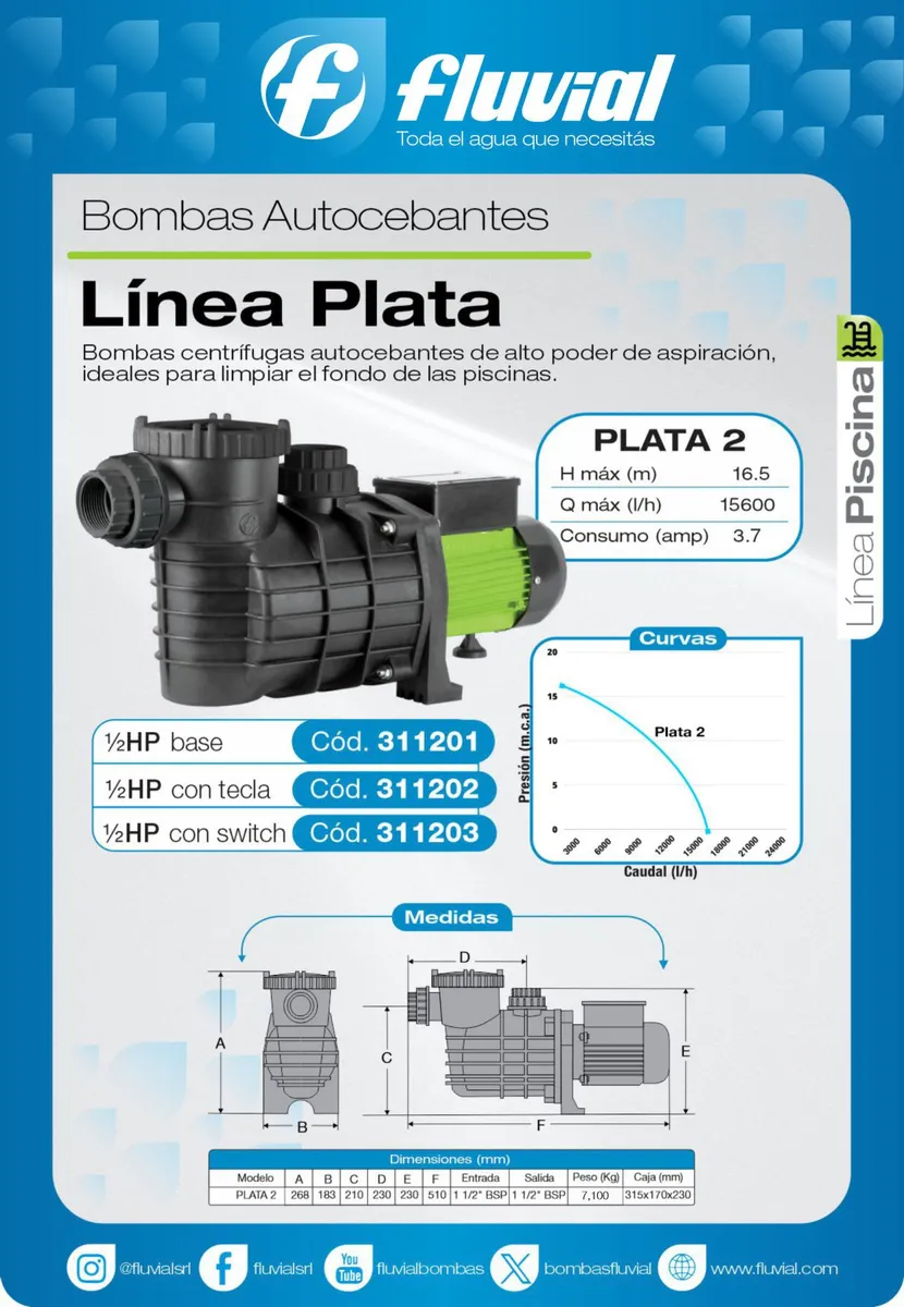 Bomba Autocebante Fluvial Piletas plata 2 0.5 HP